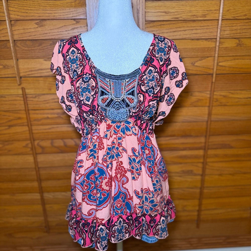 One World Women Boho Paisley Beaded Tunic Top Pink Blue L 948FP-7558R